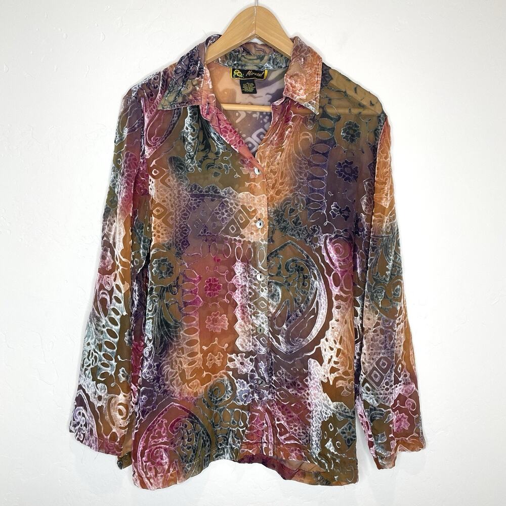 Mirasol Velvet Burnout Button Up Top Womens Medium Multicolor Long Sleeve